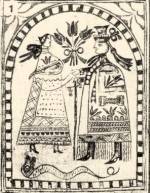 1. T�kr�s fed�lapja p�rral, l�buk alatt k�gy�val (Halimba, Veszpr�m m., 1843). Felirat: „Papoji Katitza Eb k�ri eb adja mert ha szip niz bele szipet mutat”. N�prajzi M�zeum.