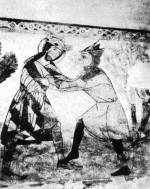 78. Szent L�szl�-legenda. Birk�z�s. Templomi falfestm�ny a 14. sz�zadb�l, Kakaslomnic (Szepes megye)