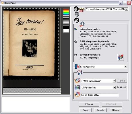 Levilágítási ablak meghatározása a Plustek BookPilot programban, hagyományos szkennernél.
